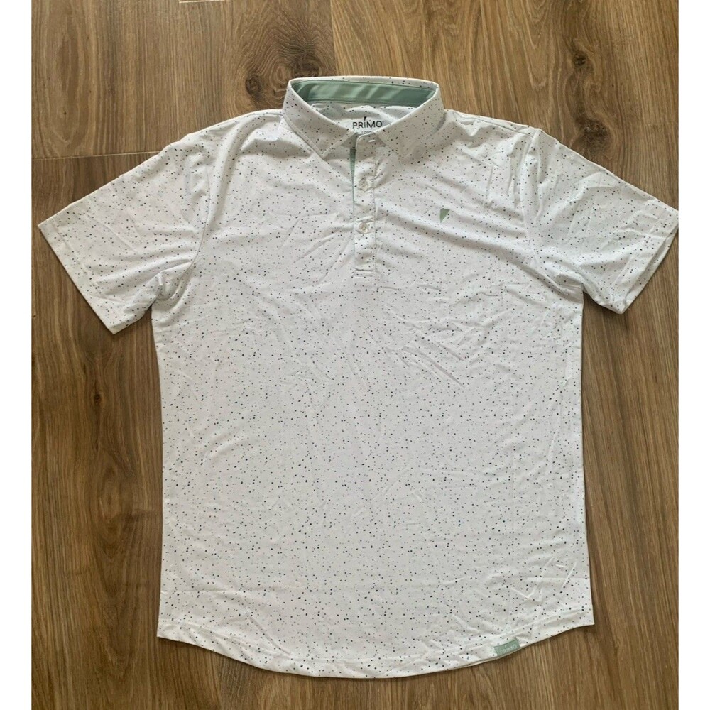 PRIMO GOLF APPAREL Men's Shortsleeve Polo Size L White Green Dots Performance